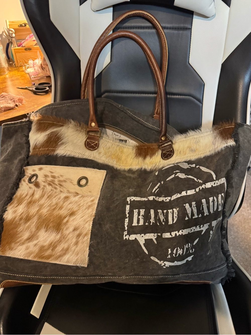 Myra Bag Brown canvas with Fur Accent Tote Bag